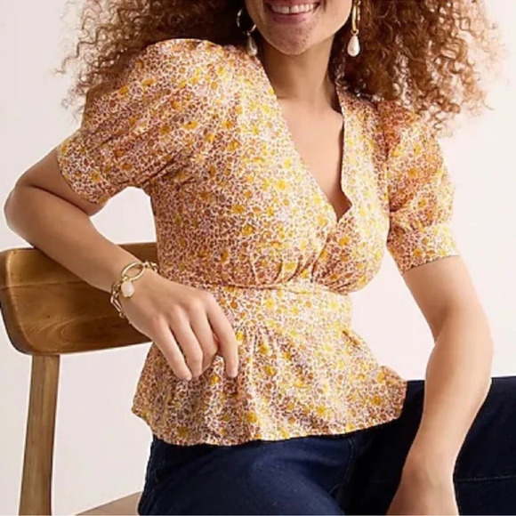 J. Crew Puff Sleeve Blouse Peplum Tie Back NWOT Size 0 - Picture 1 of 7